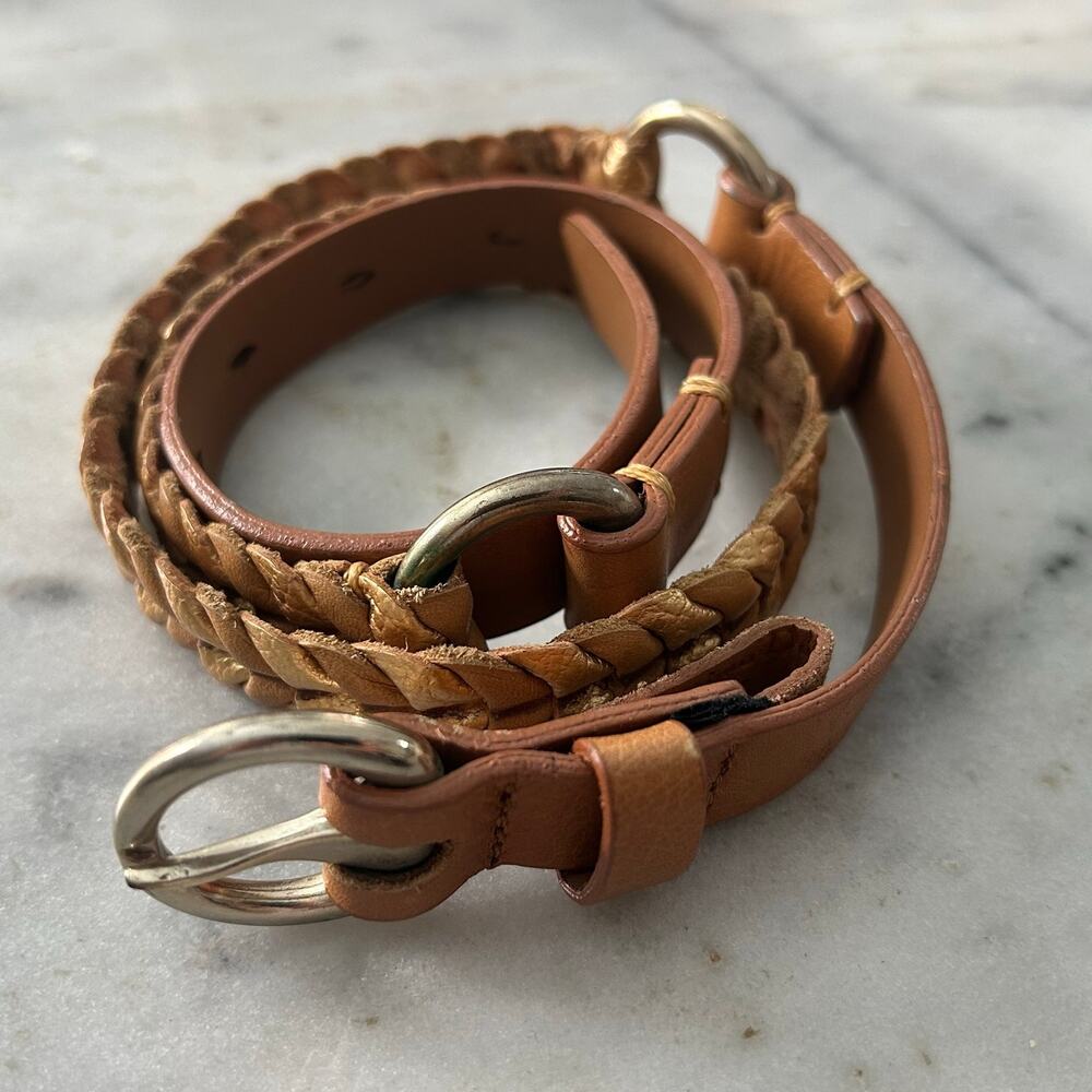 Massimo Dutti Women’s Braided Leather Belt – Tan / Gold– Size 75 (XS–S)